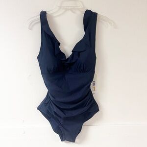 Dkny Blue Ruffled One Piece Swimsuit V Neck Adjustable Strap Size Small NWT